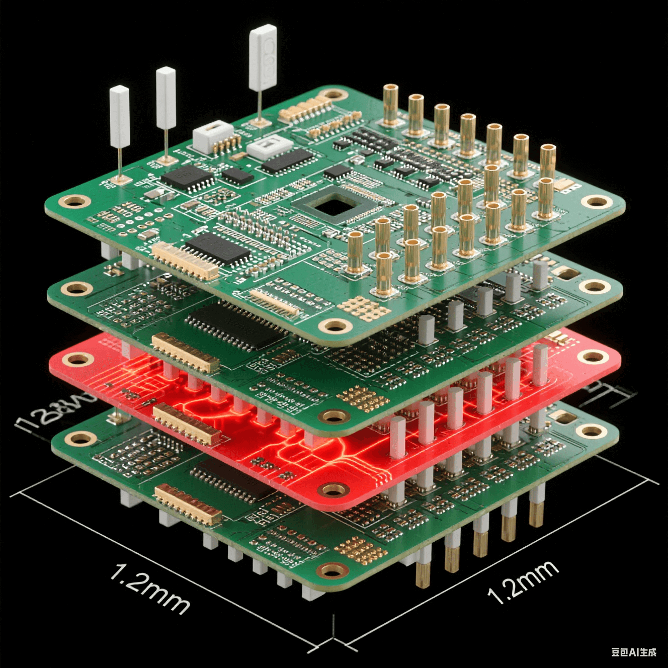 128通道天線板爆炸視圖：射頻層/電源層/信號層堆疊結(jié)構(gòu)，熱通孔陣列散發(fā)紅色熱流