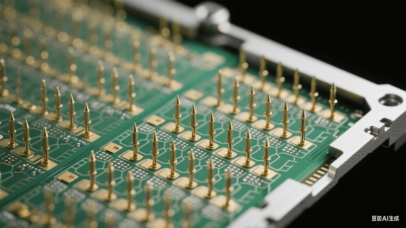 晶圓探針卡顯微結(jié)構(gòu)：殷鋼框架蜂窩陣列探針，3μm鍍金針尖以8-12gf接觸力壓接30μm焊盤，聚酰亞胺應(yīng)力緩沖層釋放機(jī)械應(yīng)力，翠綠色EMI屏蔽網(wǎng)隔離信號(hào)通道