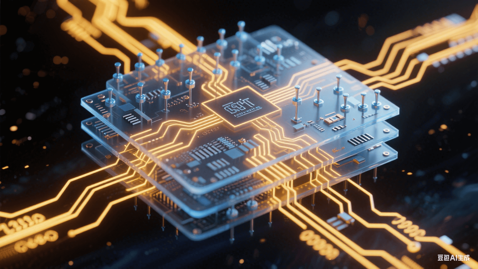 多層電路板信號(hào)傳輸系統(tǒng)：0.05mm線寬金色電路通道中脈沖電流流動(dòng)，冰藍(lán)色探針陣列精準(zhǔn)接觸納米焊盤，-40℃至125℃溫標(biāo)環(huán)包裹的極端環(huán)境測(cè)試場(chǎng)景