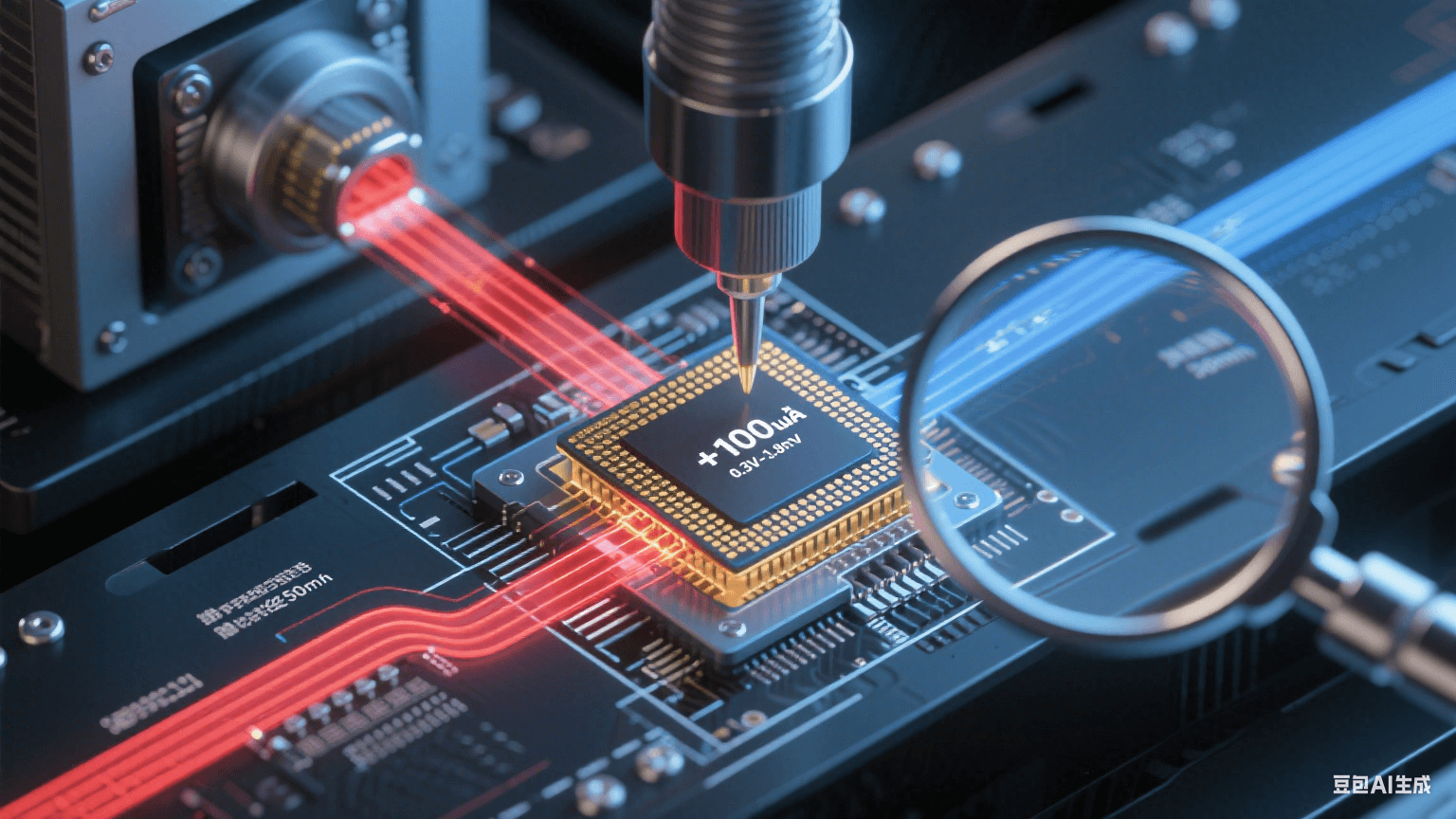 ATE測(cè)試信號(hào)閉環(huán)流程圖：紅色激勵(lì)信號(hào)經(jīng)50Ω微帶線輸入BGA芯片，金色響應(yīng)信號(hào)返回ATE機(jī)臺(tái)，顯微特寫顯示±100μA電流在0.3V-0.8V保護(hù)二極管測(cè)試區(qū)間