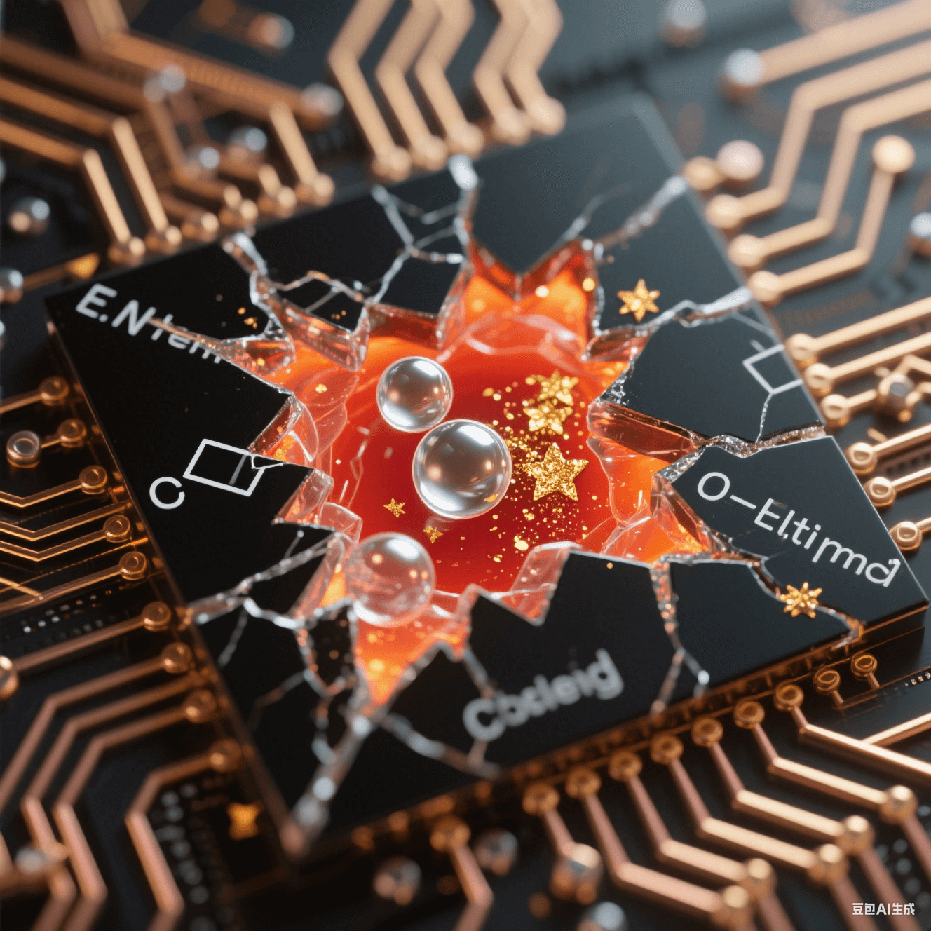 黑色電路裂紋中透明微膠囊破裂釋放液態(tài)銀球與金粉，橙紅聚合光暈沿銅網(wǎng)格擴(kuò)散