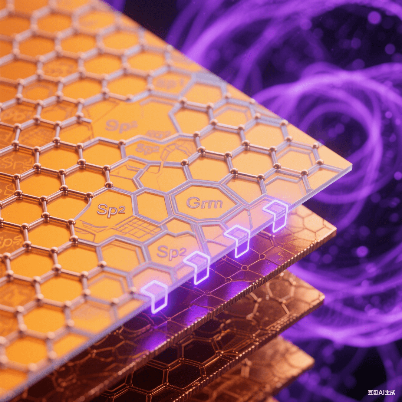 透射電鏡風(fēng)格界面層：橙黃銅晶格表面覆蓋碳六邊形網(wǎng)絡(luò)，鍵合處泛藍(lán)紫量子輝光，深紫電子云背景