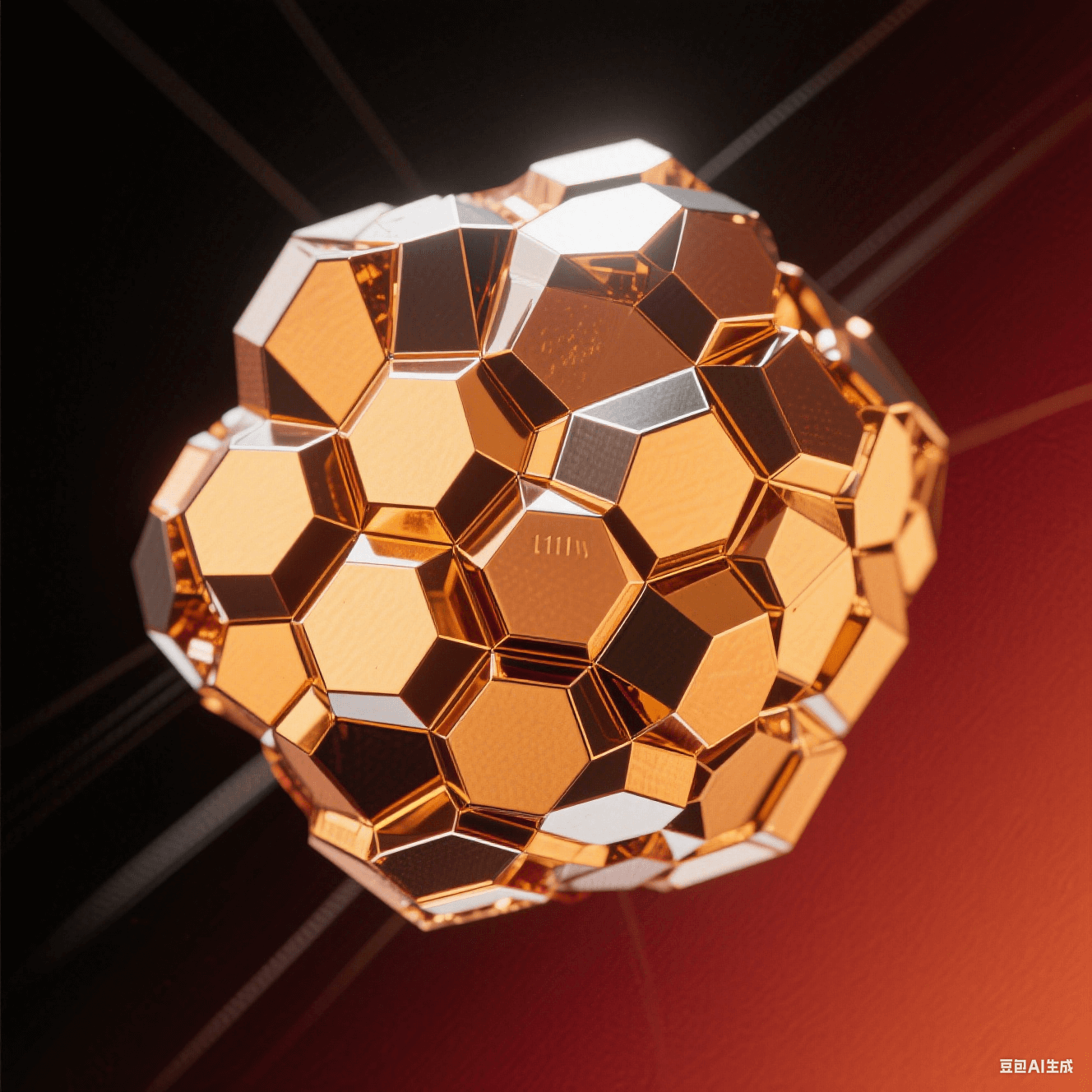 藝術(shù)化銅晶體顯微圖：暖金色等軸晶粒緊密鑲嵌，六邊形晶面反射定向光束，深紅背景強(qiáng)化金屬晶界光澤