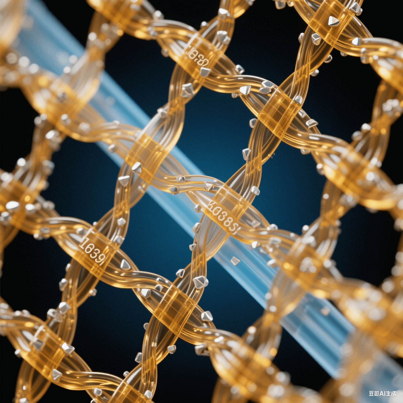 透明玻璃纖維束嵌入琥珀色環(huán)氧樹脂網(wǎng)格，表面附著銀白色納米顆粒，冷藍(lán)背光突顯三維網(wǎng)狀復(fù)合結(jié)構(gòu)