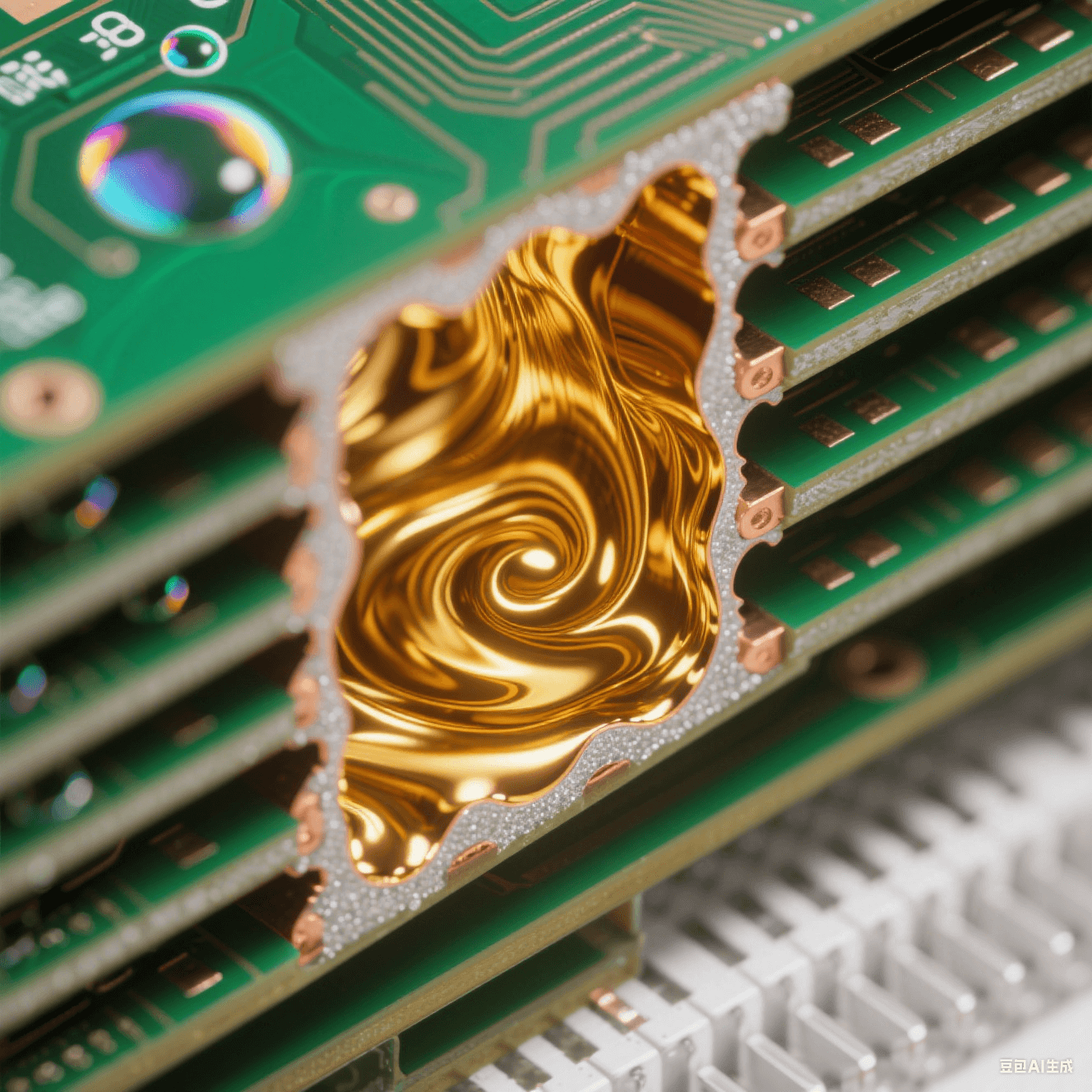 顯微視角下黃金電解液填充HDI板微孔的過程，鏡面銅層沉積于孔壁，多層啞光綠阻焊與古銅導(dǎo)電層交替，呈現(xiàn)高密度互連板的脈沖電鍍填孔先進(jìn)工藝