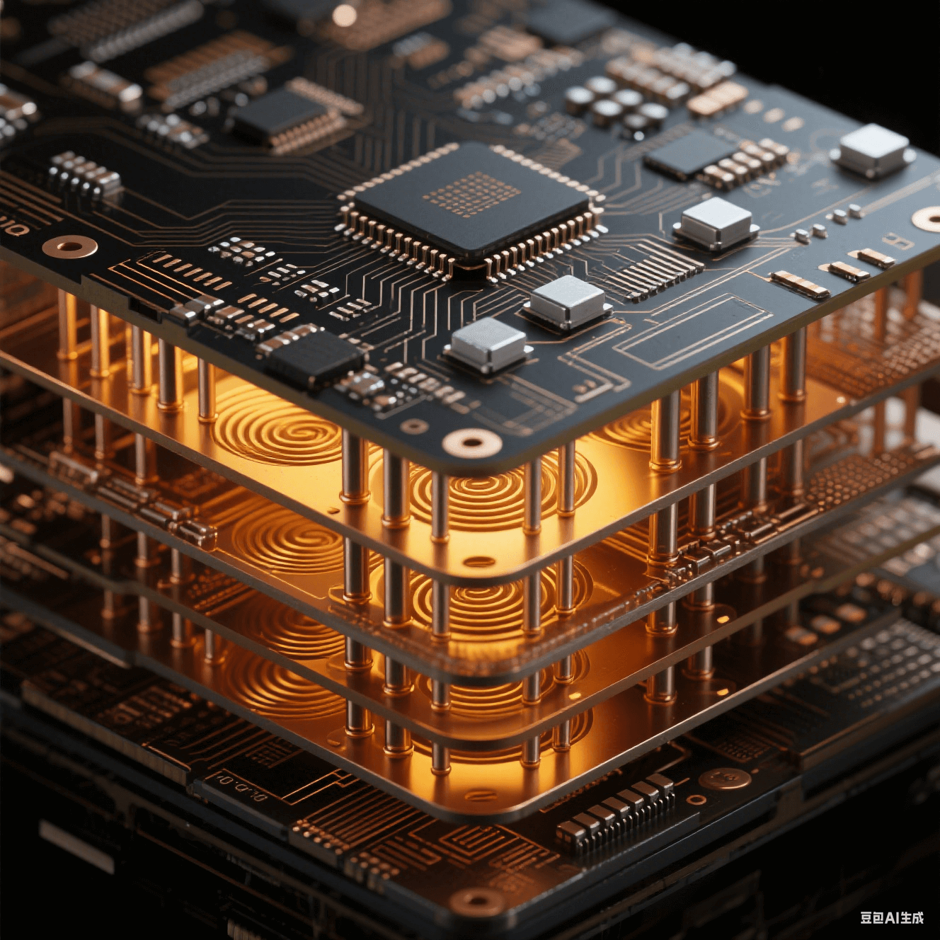 電鏡級(jí)HDI板3D堆疊截面，銀灰陶瓷電容嵌入層間介質(zhì)，螺旋銅孔與散熱銅柱展現(xiàn)2.5D封裝材料界面科學(xué)