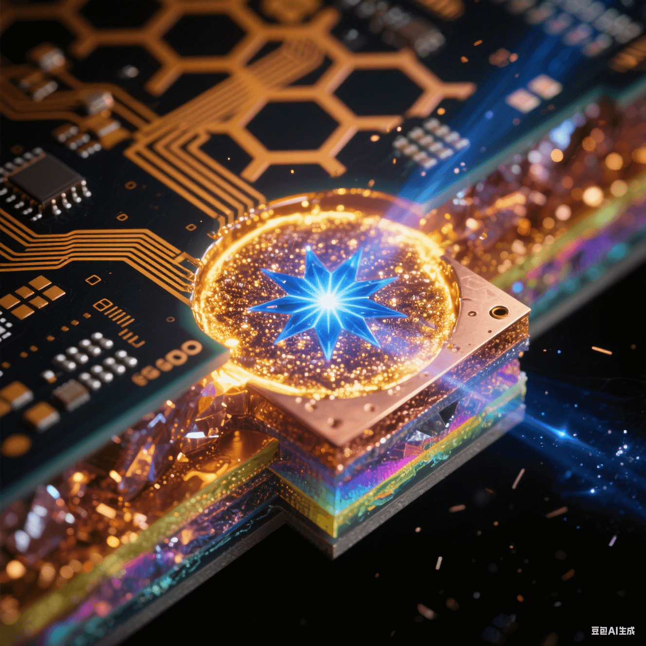 超流體動(dòng)力學(xué)渲染的多層HDI板4D集成概念，液態(tài)光子流在透明基板立體通道穿行，鉆石微粒元件自組裝，詮釋任意層互連技術(shù)的量子級(jí)演進(jìn)