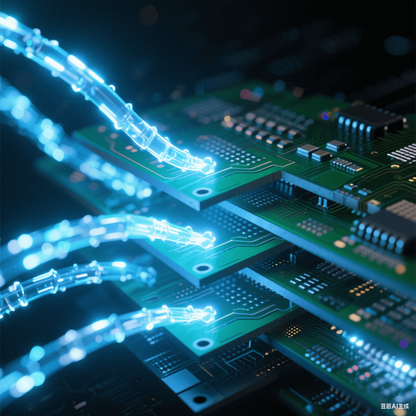 抽象光跡呈現(xiàn)多層電路板內(nèi)部電磁脈沖流沿微孔矩陣躍遷，藍(lán)白信號(hào)束在深黑PCB截面散射虹彩，詮釋高頻高速板的信號(hào)完整性設(shè)計(jì)原理