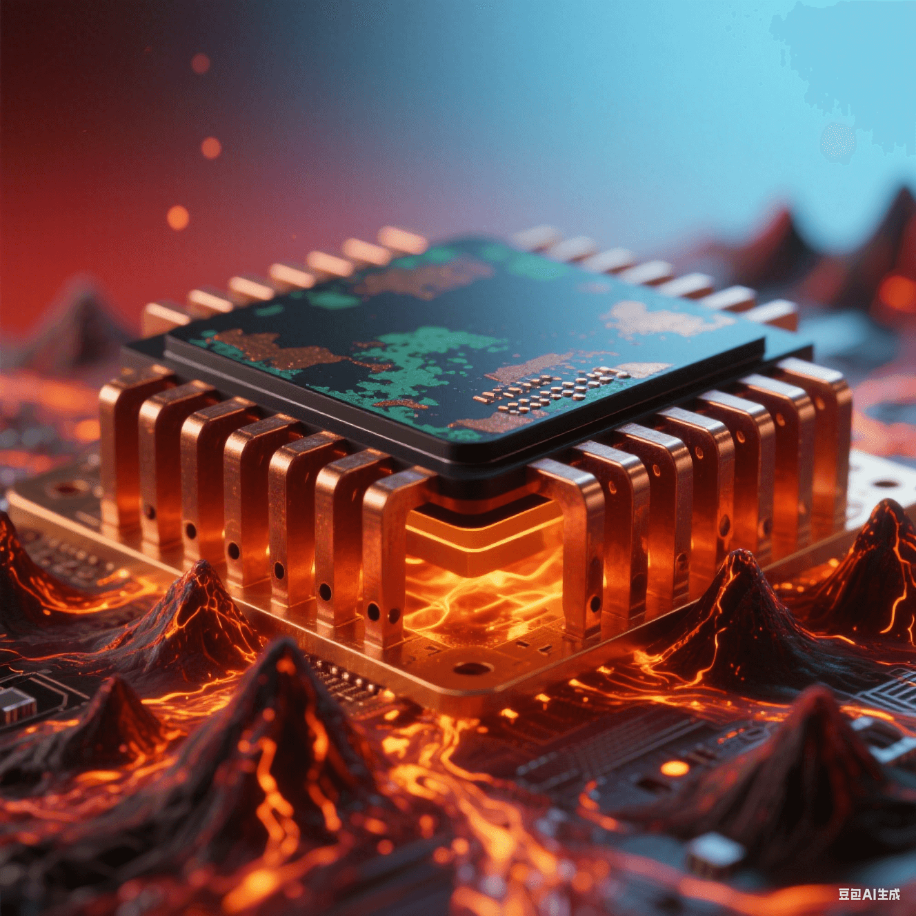 陶瓷黑芯片底部延伸赤銅散熱片，密集火山狀散熱孔噴發(fā)橙紅粒子流，熔金液態(tài)銅箔蒸騰熱浪，氧化銅綠斑與金屬反光在紅藍(lán)漸變背景中交織