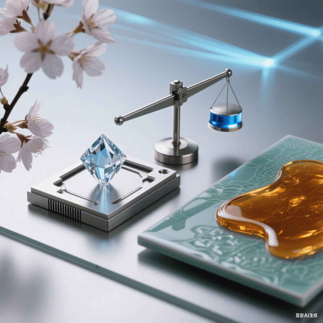 櫻花映襯下，鉆石晶體放金屬臺(tái)，中央天平偏向右端藍(lán)光砝碼，琥珀流體漫過(guò)青瓷托盤，科技背景暗喻價(jià)值的多維權(quán)衡