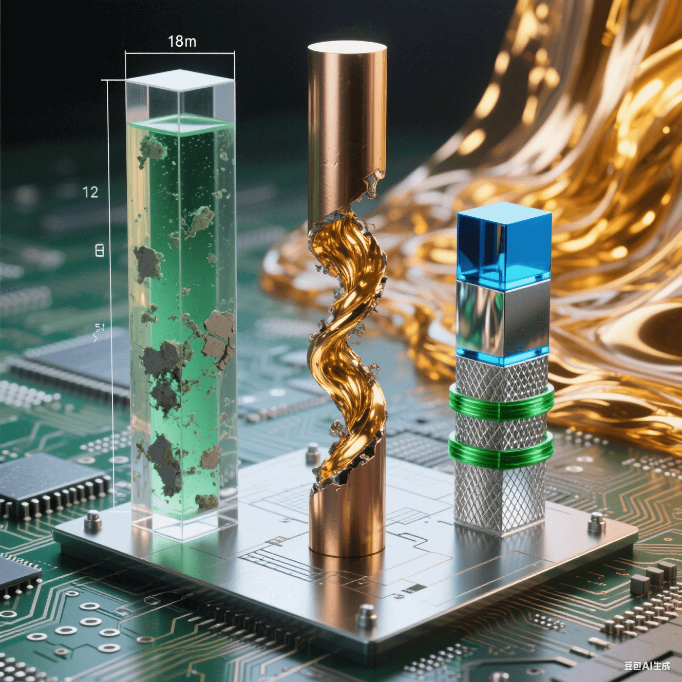 科技實(shí)驗(yàn)場(chǎng)景：電路板上三柱對(duì)比——左柱封存綠液殘?jiān)兄~體斷裂迸發(fā)金色流體，右柱藍(lán)光-銀網(wǎng)-綠環(huán)有序堆疊，背景熔金象征突破