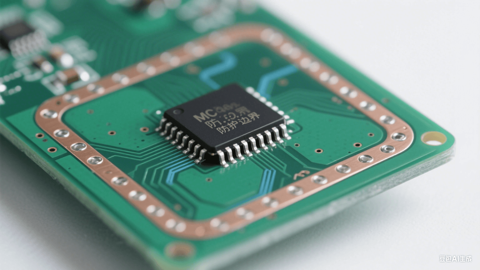 設計階段靜電防護：深綠色 PCB 邊緣有裸銅防護環(huán)與接地過孔，中央芯片引腳與銅皮間距大，短直銀線接地面泛淡藍光，冷白光照射顯精密