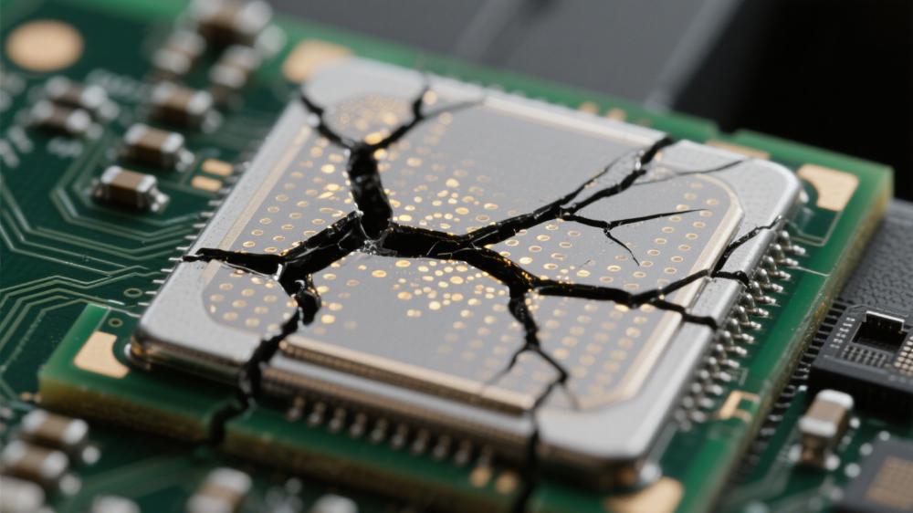 無(wú)鉛焊料熱疲勞裂紋擴(kuò)展微觀路徑 黑色裂紋貫穿銀灰色焊料基體 深綠色 PCB 焊點(diǎn)可靠性測(cè)試