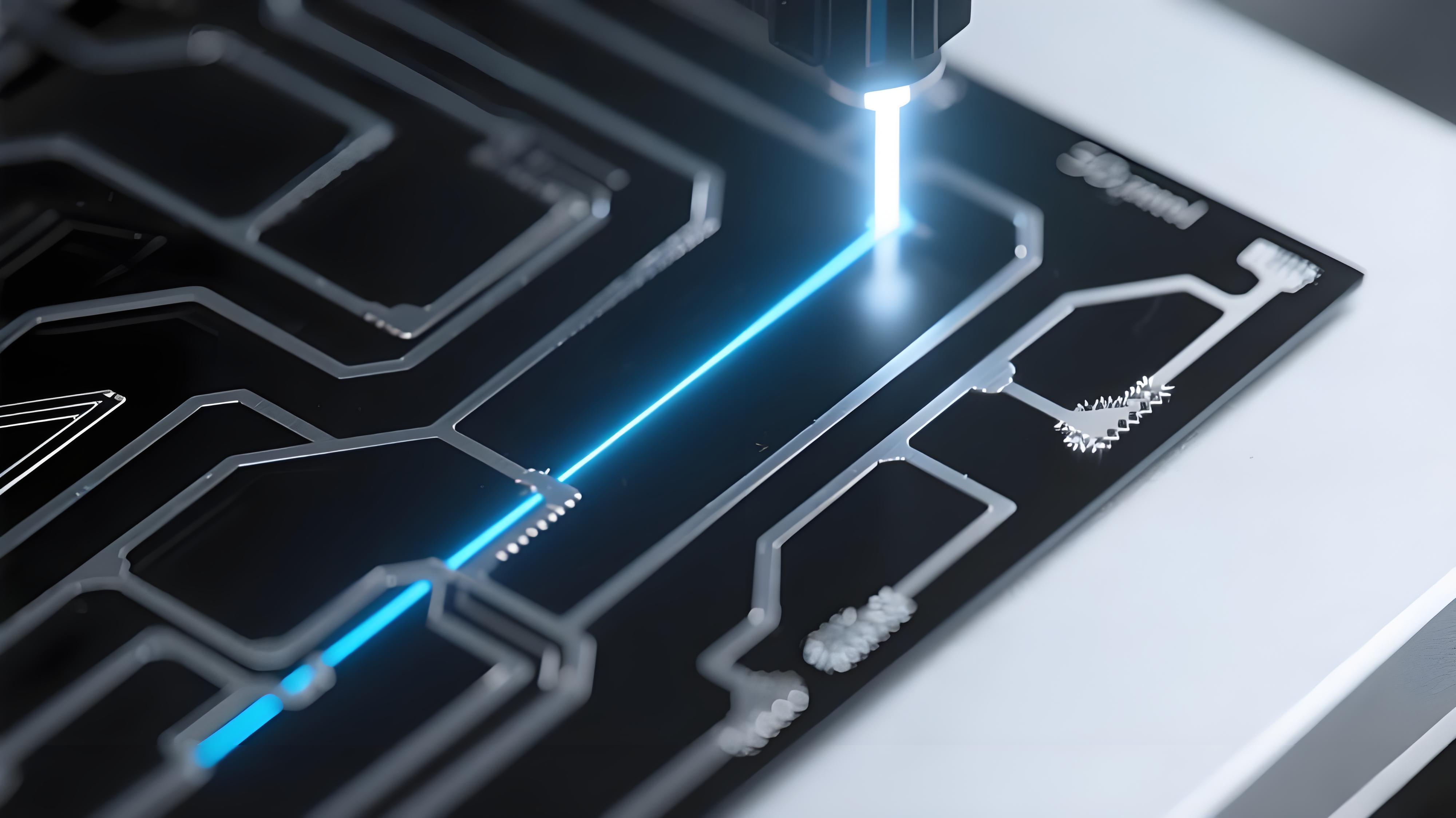 3D-MID 激光活化金屬化過(guò)程 淡藍(lán)色激光束 深綠色塑料基材 銀色金屬化軌跡 回流焊前預(yù)處理