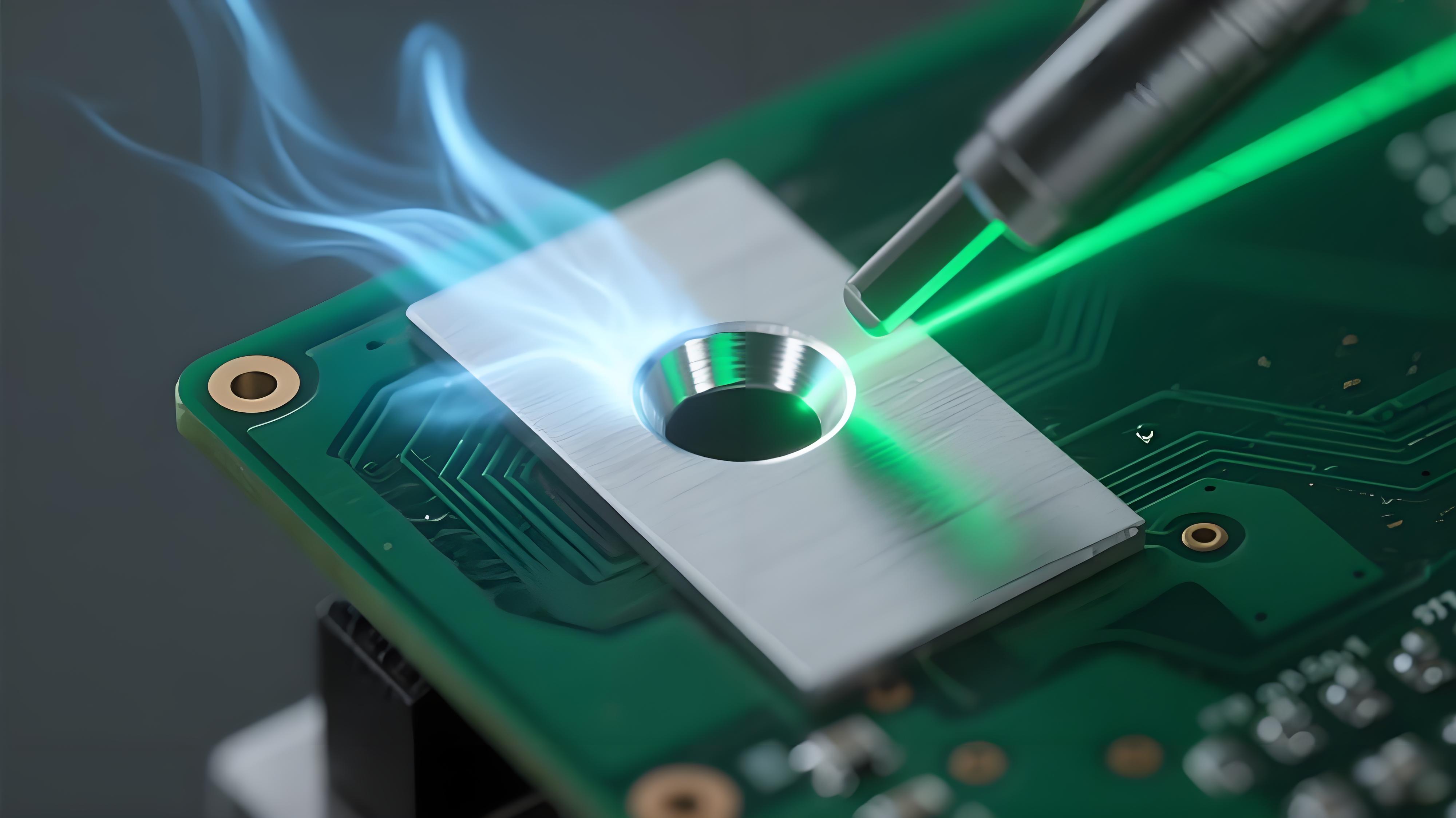 激光焊錫匙孔動(dòng)態(tài)形成過(guò)程 紅色激光束聚焦 銀色液態(tài)焊料匙孔 深綠色 PCB 焊盤(pán)熱效應(yīng)