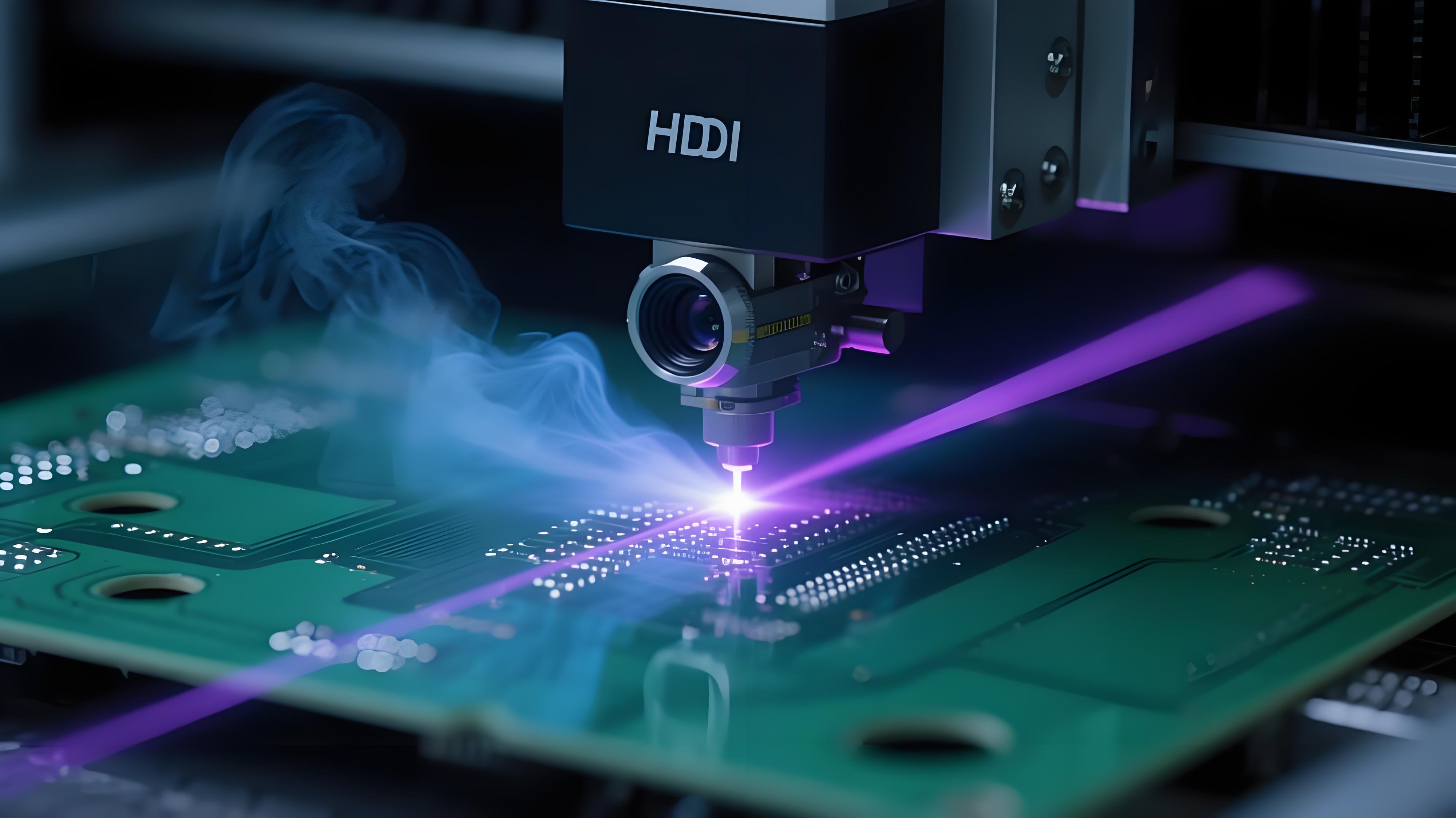 紫外激光鉆孔機(jī)在HDI板上進(jìn)行微孔加工，激光光束聚焦