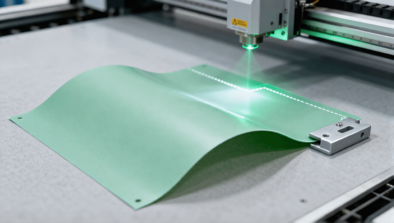 柔性 PCB 激光輪廓切割場(chǎng)景，淡綠色激光無(wú)應(yīng)力切割 PI 板邊緣整齊