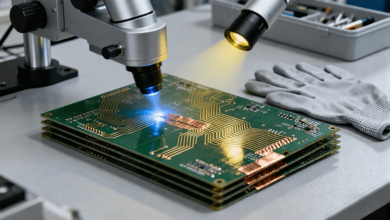 PCB 線路缺陷激光修復(fù)場(chǎng)景，淡藍(lán)色微光束微米級(jí)切除多余銅箔修復(fù)短路