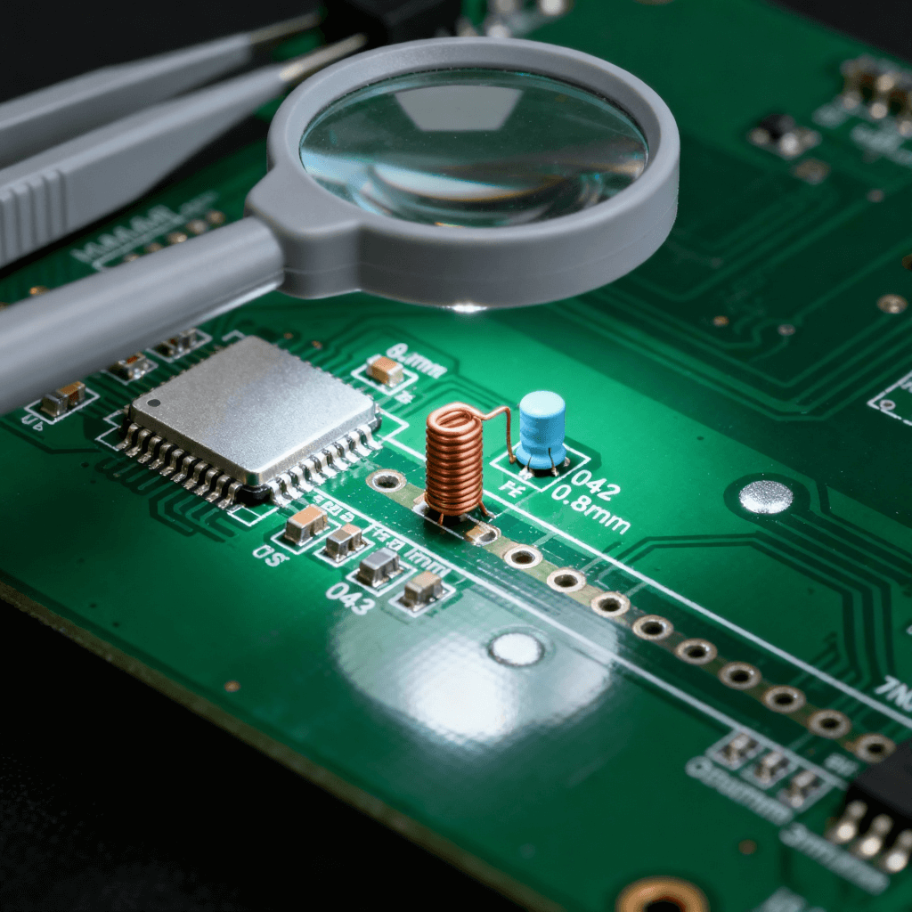 射頻前端 PCB 無(wú)源元件布局場(chǎng)景，匹配元件貼近芯片 + 饋電電感垂直放置 + 饋點(diǎn)凈空