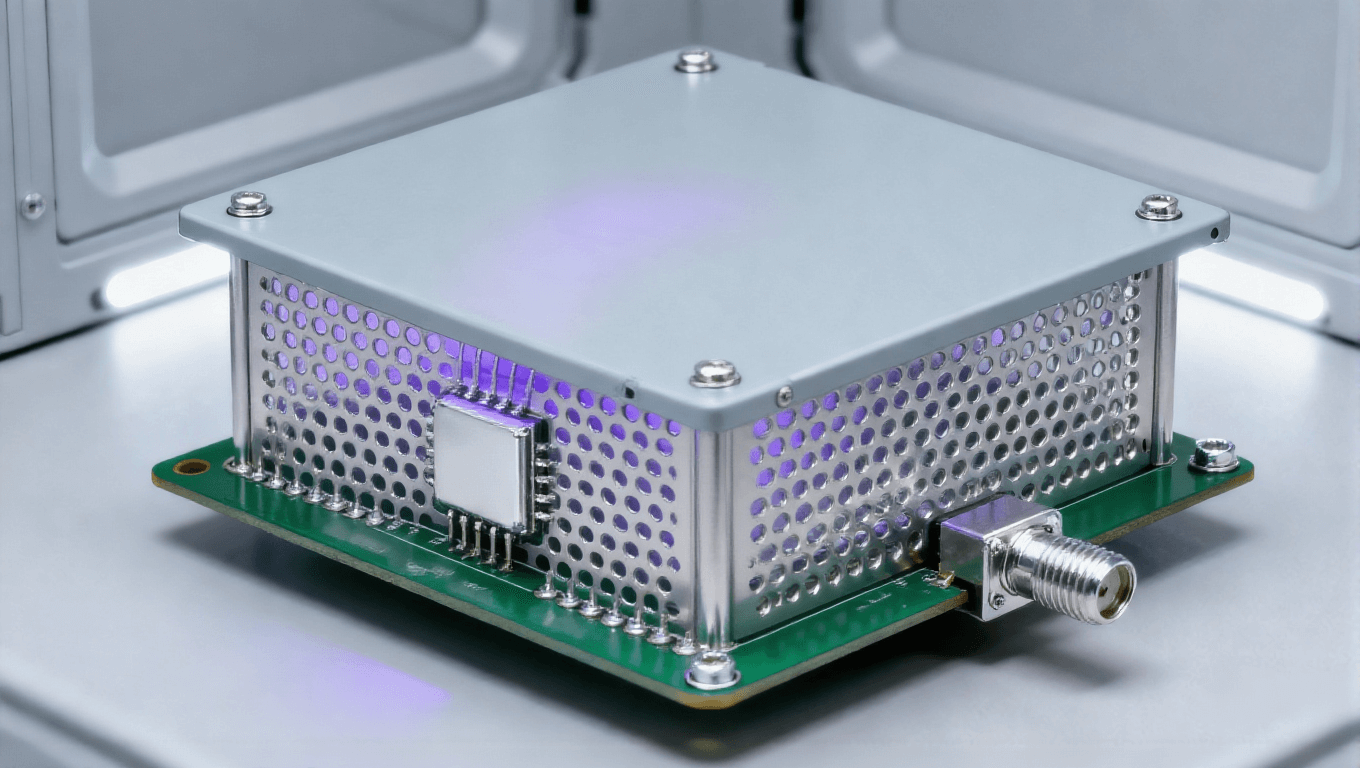 射頻前端 PCB 屏蔽防護(hù)場(chǎng)景，過(guò)孔墻 + 金屬屏蔽罩實(shí)現(xiàn) 70dB@10GHz 隔離度