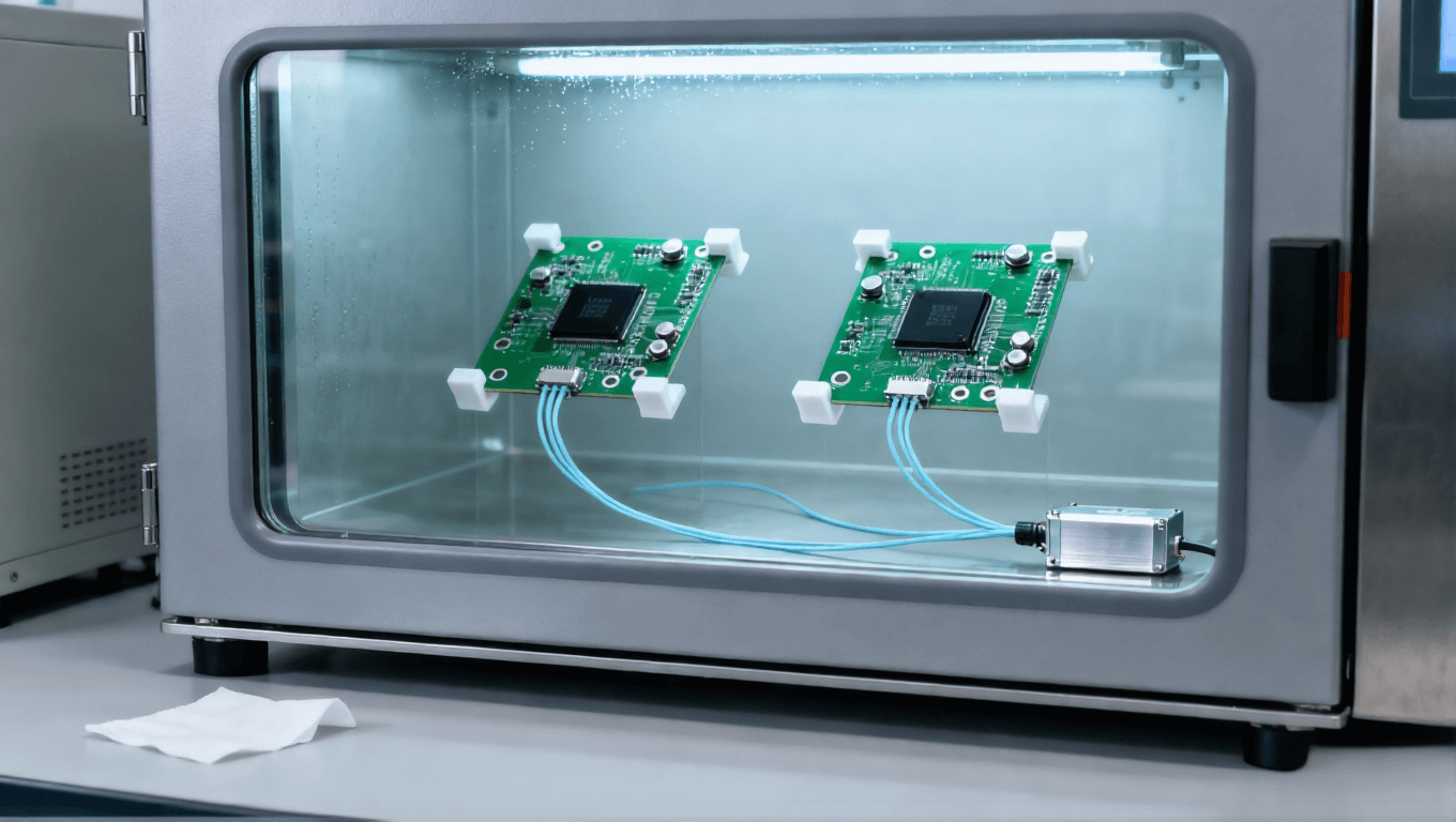 PCB高溫高濕老化測(cè)試 恒溫恒濕箱 架空固定PCB板 數(shù)據(jù)采集線 PCB高溫高濕老化測(cè)試 恒溫恒濕箱 架空固定PCB板 數(shù)據(jù)采集線