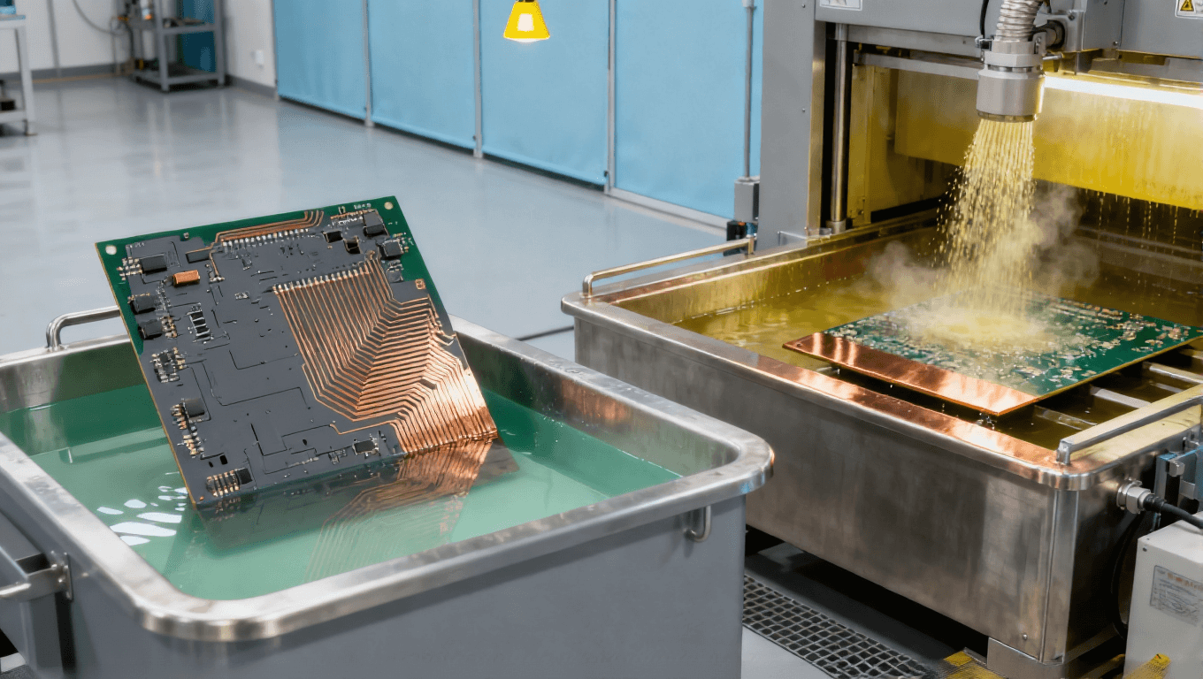 汽車電子高端PCB的mSAP工藝制造場景，展示電鍍槽、差分蝕刻設(shè)備及PCB基板，車規(guī)級PCB生產(chǎn)環(huán)境