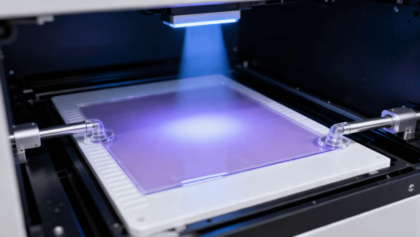 PCB改良型半加成法mSAP工藝光刻顯影環(huán)節(jié)，展示臥式光刻設(shè)備、透明PI基板、淡紫色光刻膠及紫外光，高端PCB光刻場景