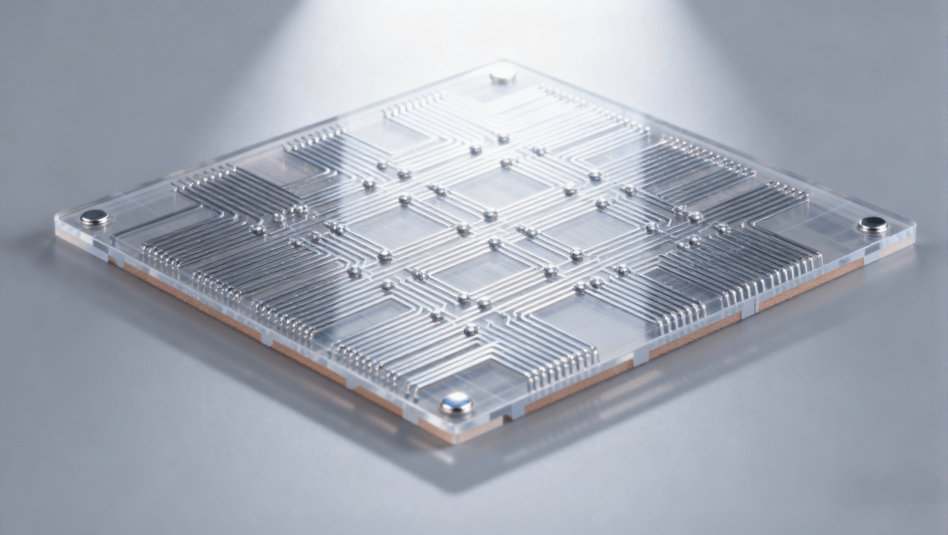 Mini LED驅(qū)動板mSAP工藝精細(xì)線路特寫，展示透明PCB基板與銀銅色細(xì)密線路，高端PCB線路細(xì)節(jié)圖