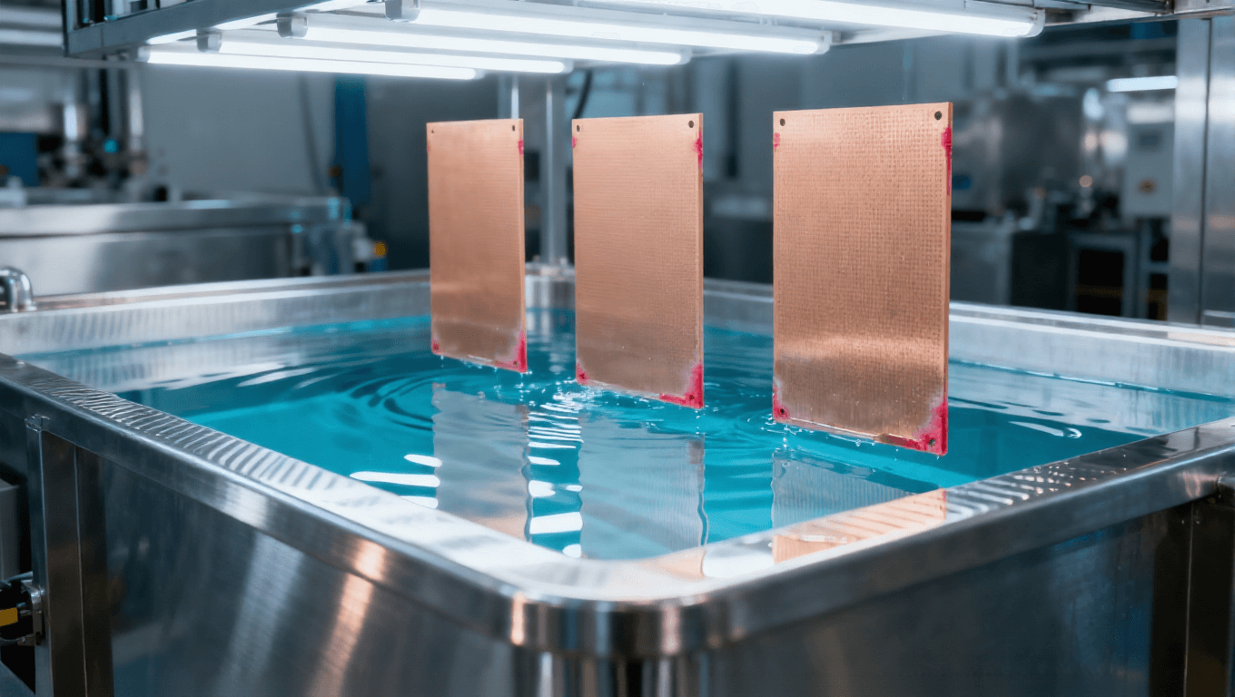 PCB半加成法SAP工藝化學(xué)鍍銅工序場景，展示立式銀灰色金屬鍍銅槽、透明藍(lán)色鍍液及FR-4基板，高端PCB制造車間環(huán)境