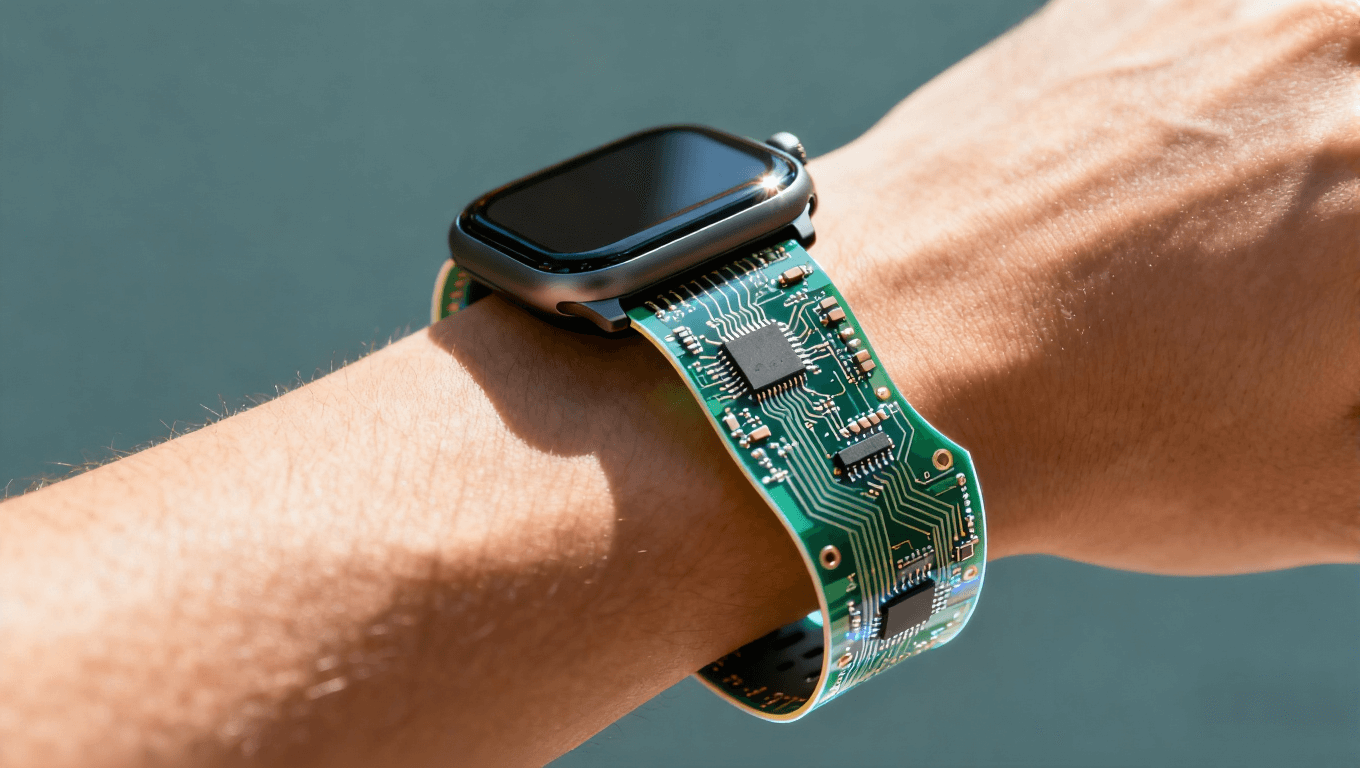 佩戴在手腕上的智能手表，電路板集成于表帶，突顯彎曲設(shè)計(jì)
