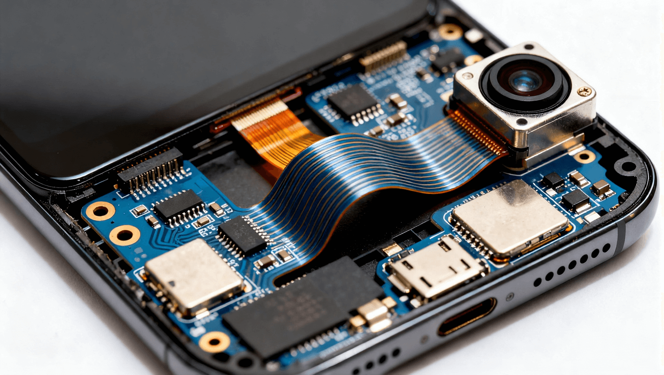 部分拆解的現(xiàn)代智能手機(jī)，靈活電路板繞過(guò)攝像頭模塊，體現(xiàn)緊湊集成設(shè)計(jì)