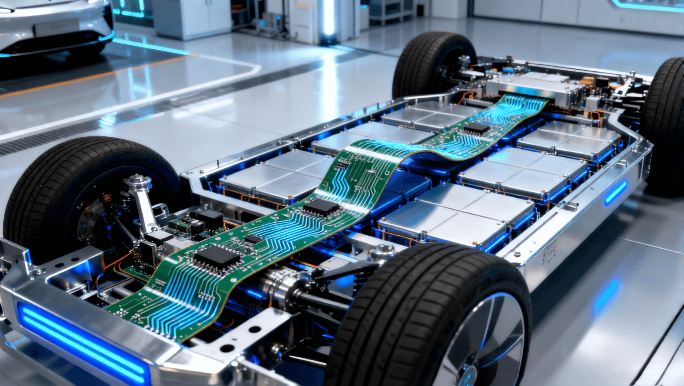 電動(dòng)汽車(chē)電池包內(nèi)部，靈活電路板穿過(guò)電池單元間隙，展現(xiàn)空間效率