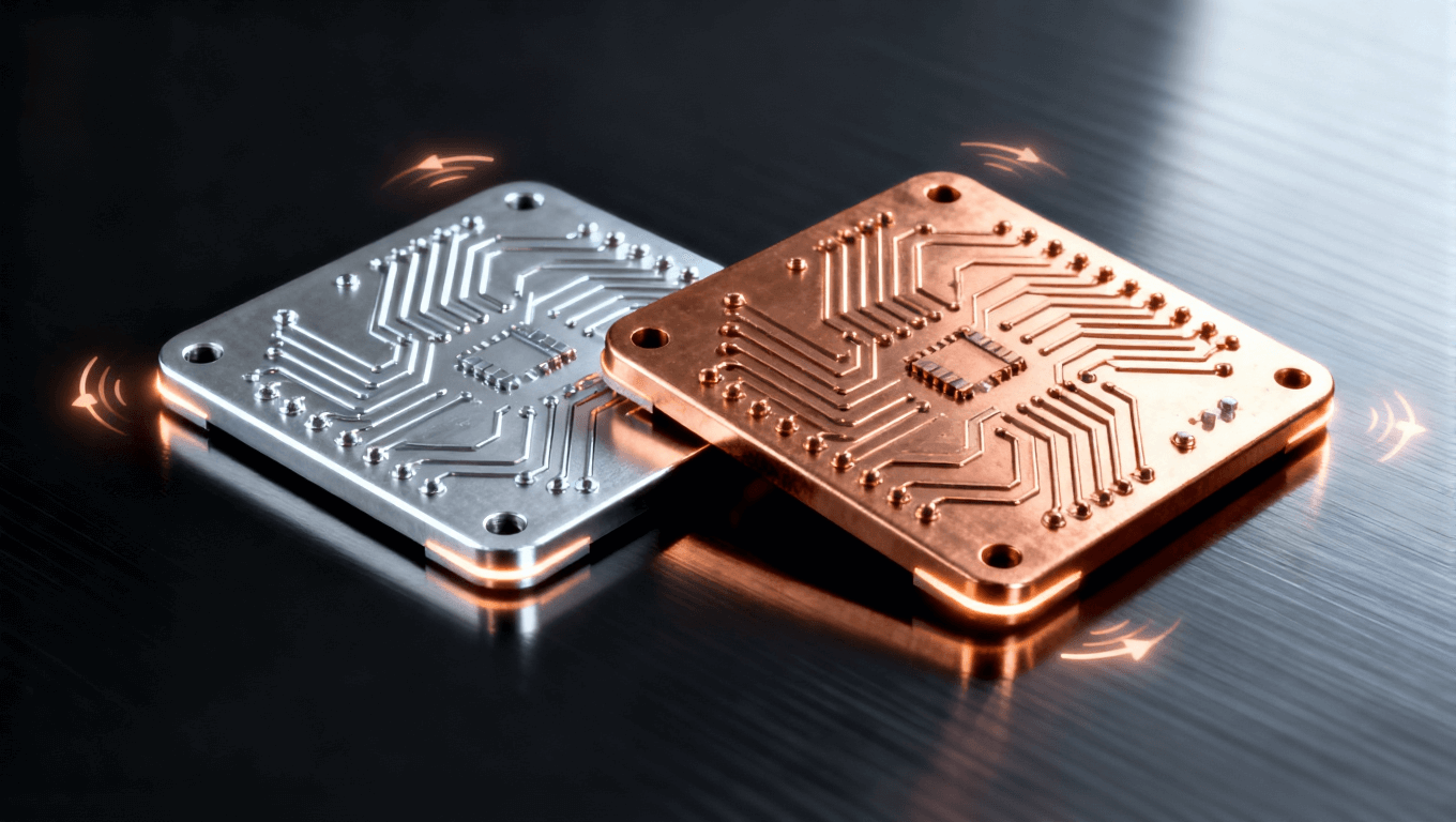 鋁基與銅基電路板放置在光滑黑色表面上，反射光澤，細(xì)致的金屬紋理，熱流符號(hào)微光環(huán)繞