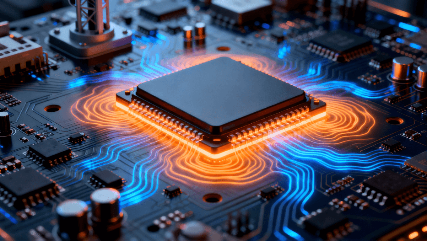 5G通信基站，安裝高功率組件的電路板，動(dòng)態(tài)熱流圖案，橙藍(lán)色熱管理光效