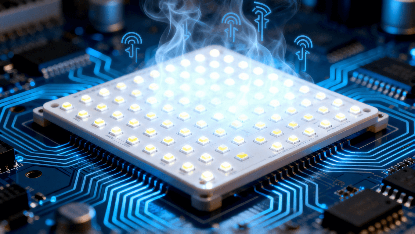 LED面板與高導(dǎo)電電路板，LED燈發(fā)光，散熱符號(hào)，清涼環(huán)境光，熱流線圍繞電路板