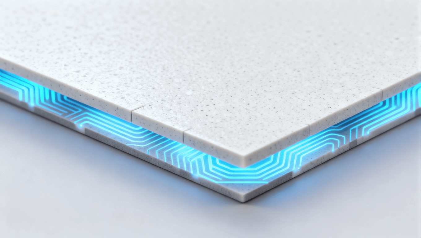 高端陶瓷電路板材料，細(xì)膩質(zhì)感，輕微發(fā)光，白色與灰色調(diào)，精準(zhǔn)切割邊緣，藍(lán)色散熱圖案