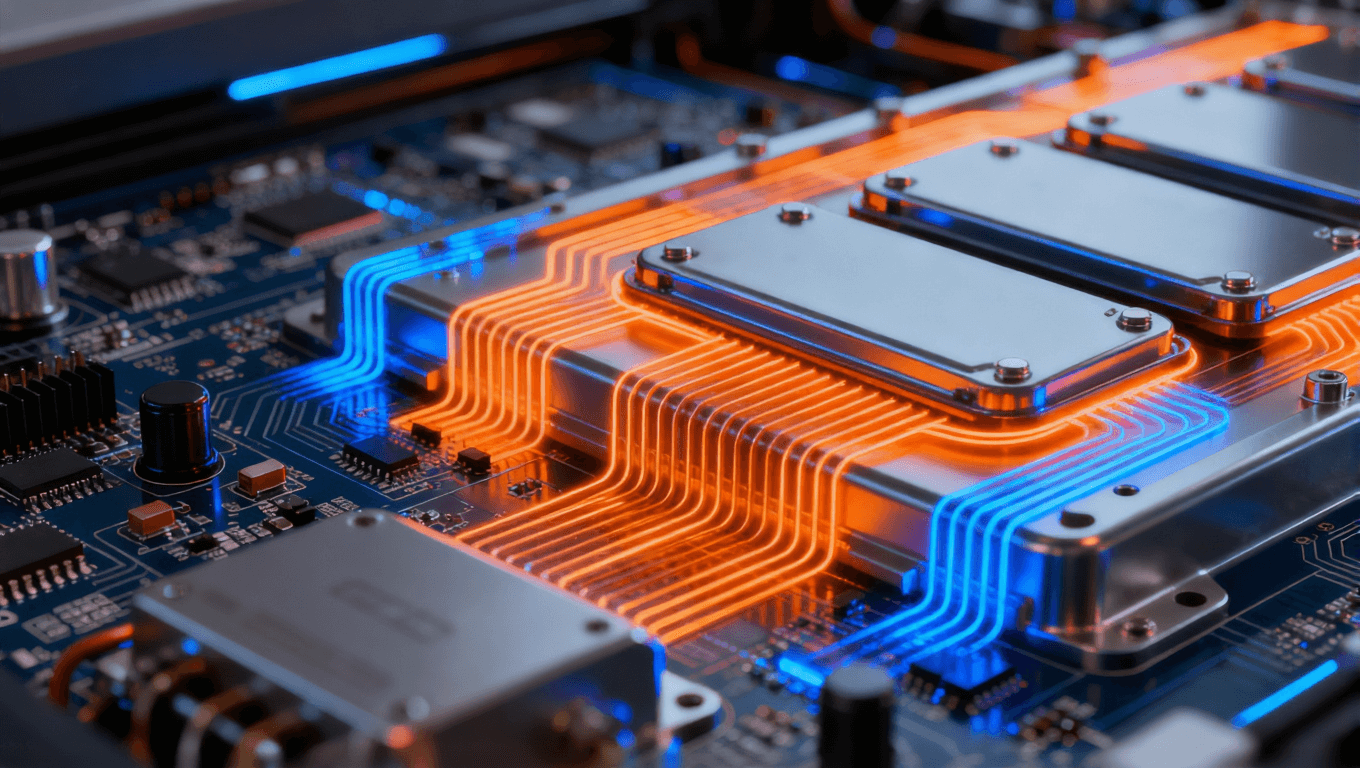 電動(dòng)汽車電池管理模塊，先進(jìn)電路板技術(shù)，電池單元與逆變器電路特寫，熱散發(fā)效果