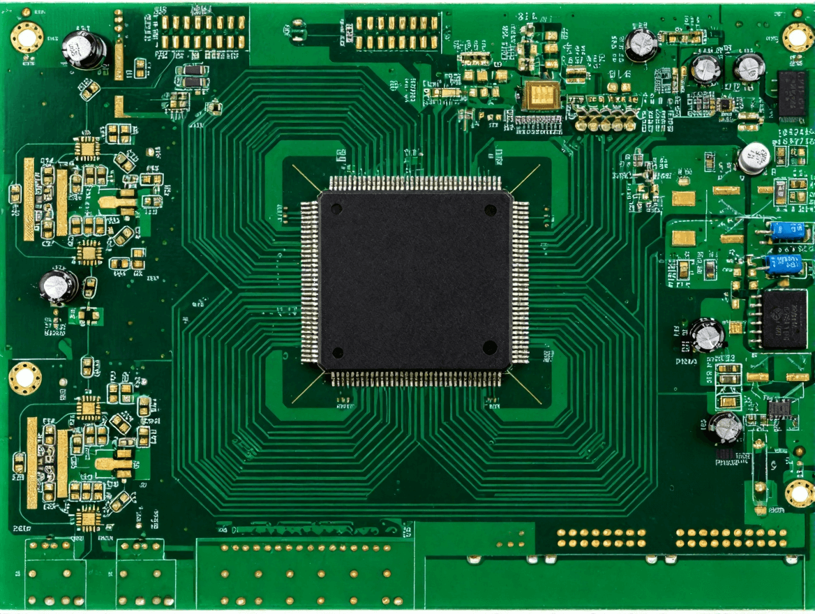 高精度工控主板 PCB 俯視圖，復(fù)雜多層布線與工業(yè)級(jí)元件布局