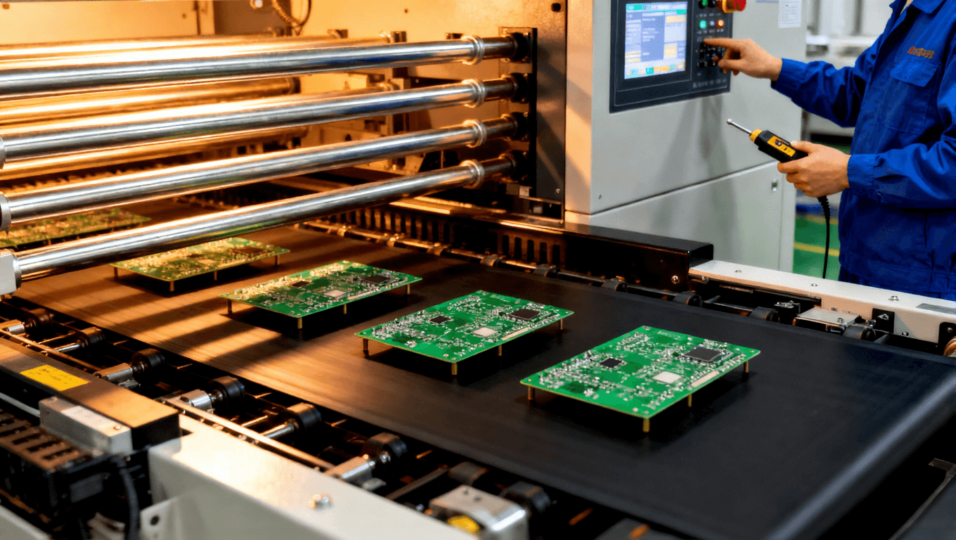 PCB焊接設(shè)備校準(zhǔn)與維護(hù)場景，突出焊接工藝優(yōu)化中的設(shè)備穩(wěn)定性控制