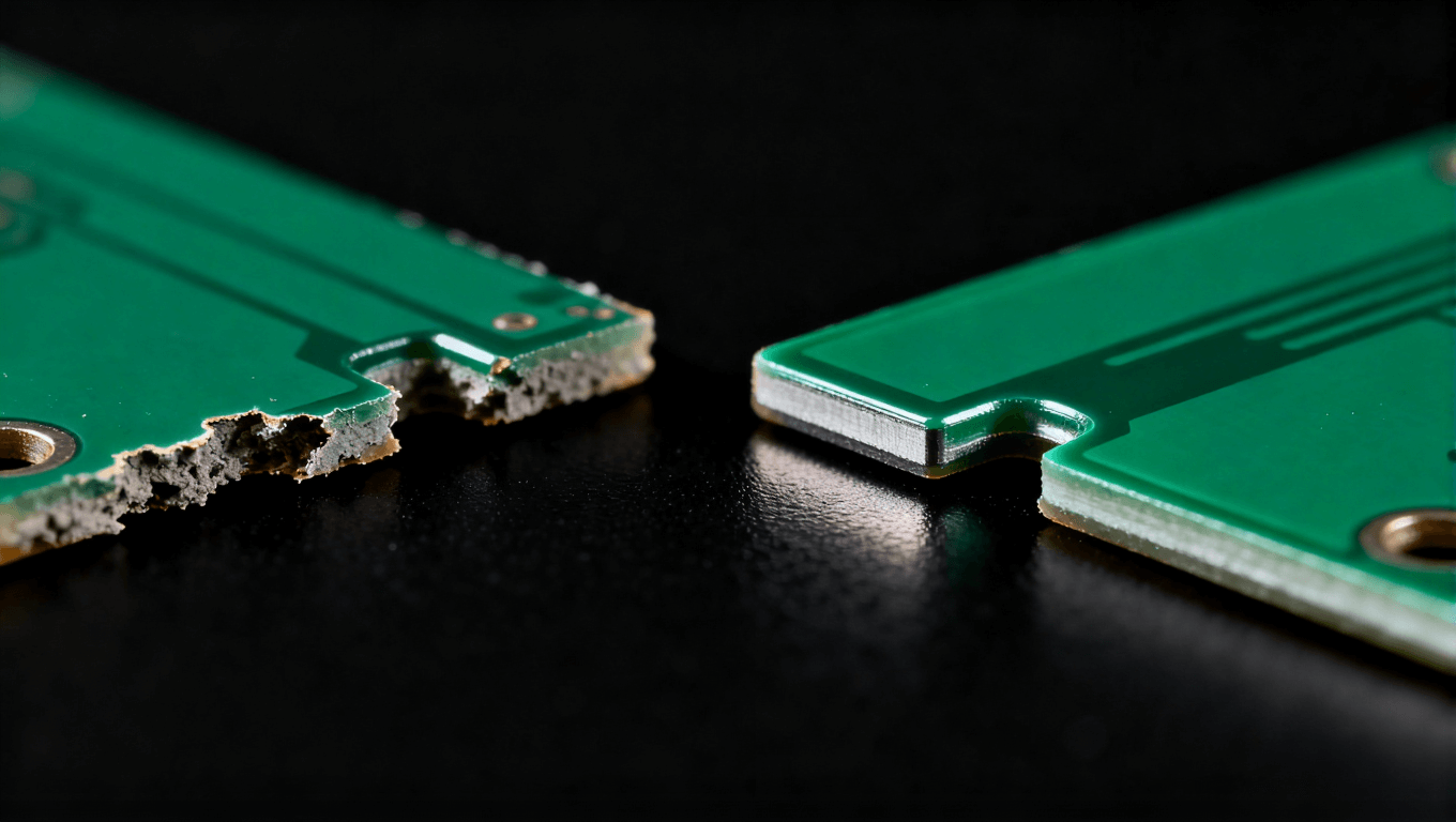 PCB阻焊橋工藝優(yōu)化前后效果對(duì)比微距照片，左為問(wèn)題板，右為優(yōu)化后良品