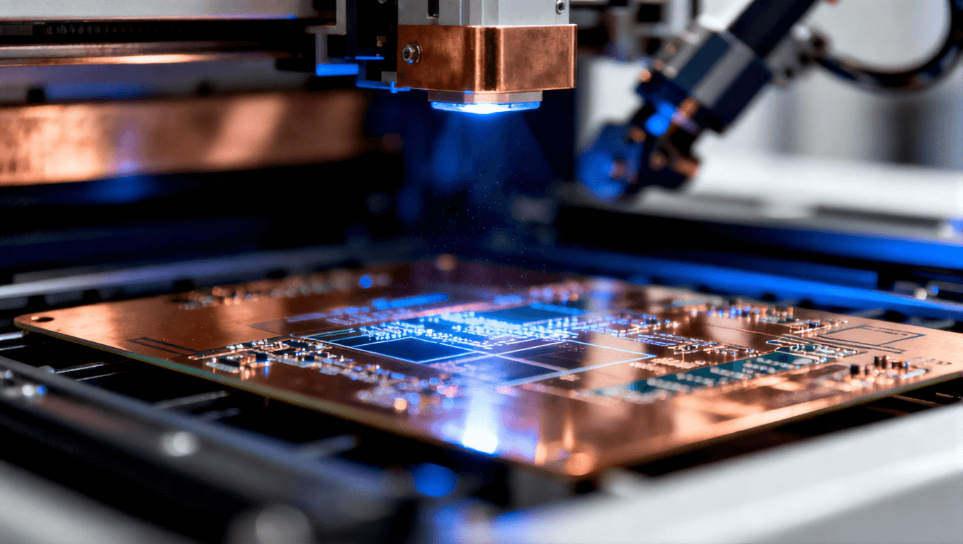 PCB圖形轉(zhuǎn)移曝光過程，菲林與基材在紫外線照射下進(jìn)行線路復(fù)刻，體現(xiàn)高精度制造場景