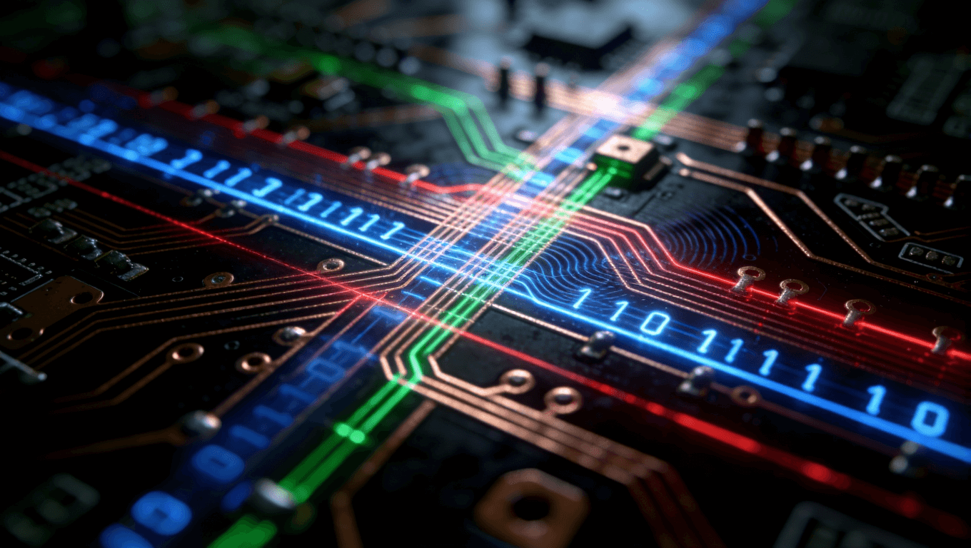 高密度布線中信號串擾挑戰(zhàn)的微距可視化，展示不同類型電流與電磁干擾