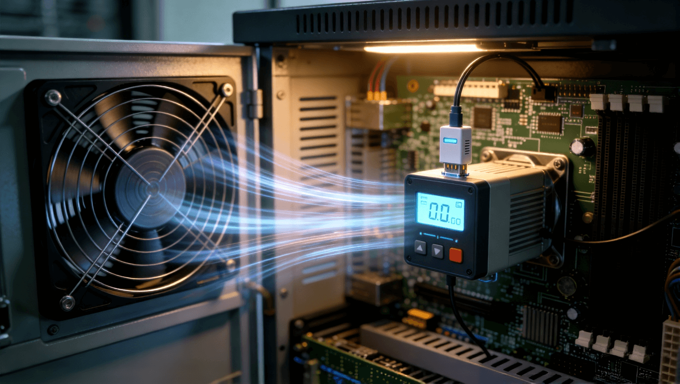 儲能系統(tǒng)智能溫控組件工作示意圖，展示傳感器、控制器與散熱風扇聯(lián)動