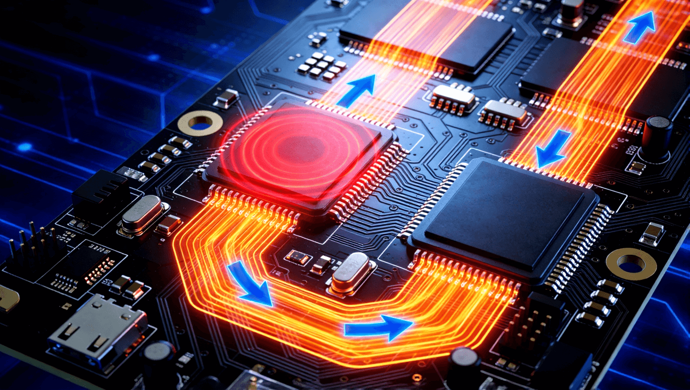 儲能PCB板熱源與傳熱路徑示意圖，展示發(fā)熱器件與熱傳導視覺化表達