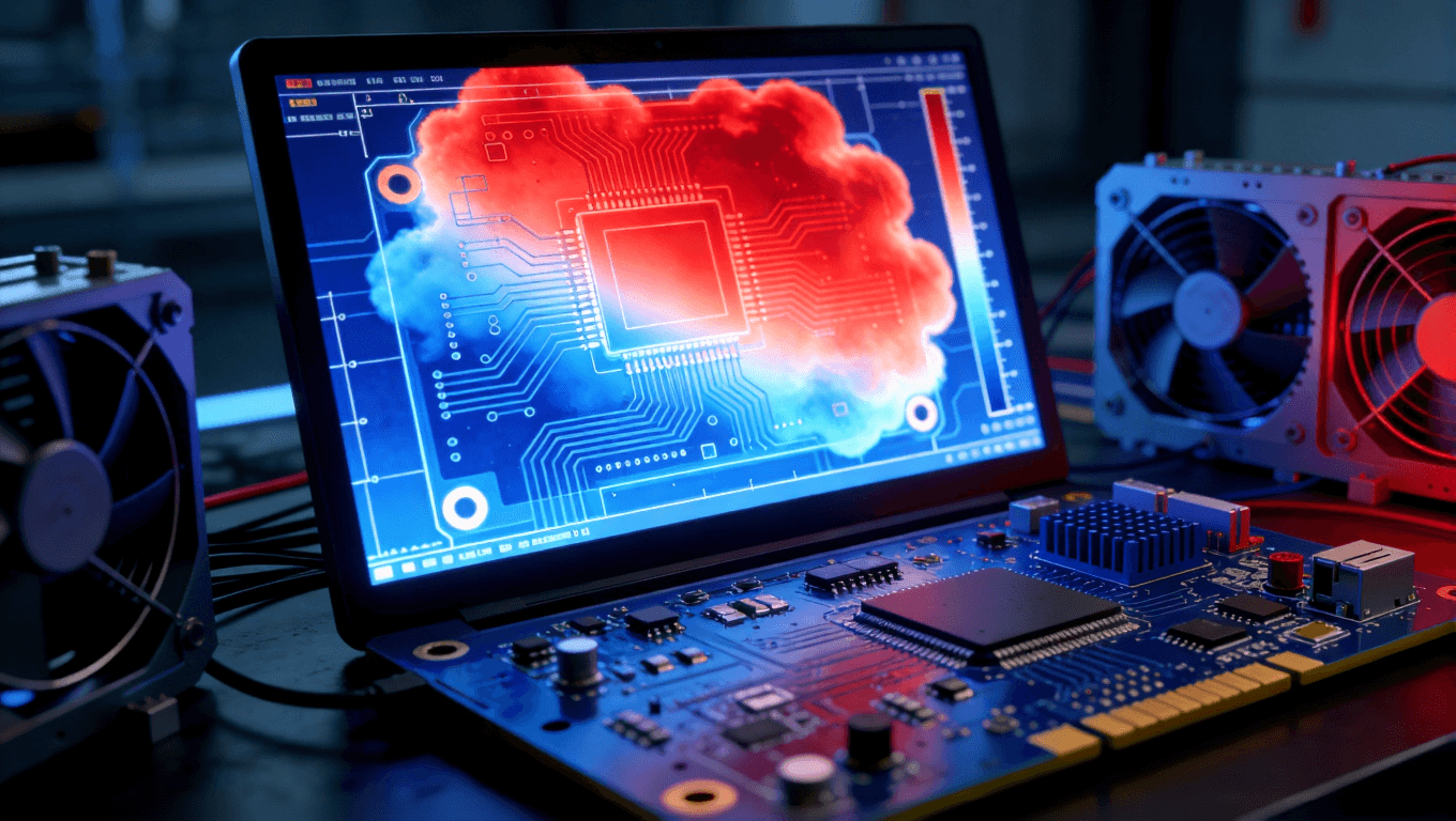 PCB熱仿真溫度分布云圖在電腦界面中的視覺呈現(xiàn)，展示熱點識別與散熱設計