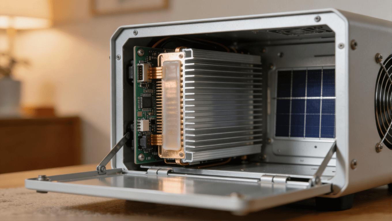 戶用儲能逆變器內部散熱結構特寫，展示PCB集成散熱層與殼體散熱設計