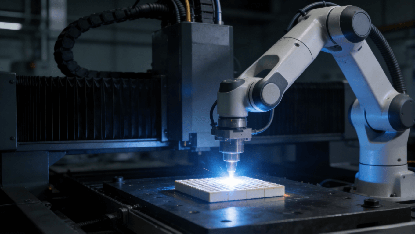 自動(dòng)化激光焊接陶瓷基板的工業(yè)場(chǎng)景，展現(xiàn)高精度、低熱應(yīng)力焊接技術(shù)的應(yīng)用