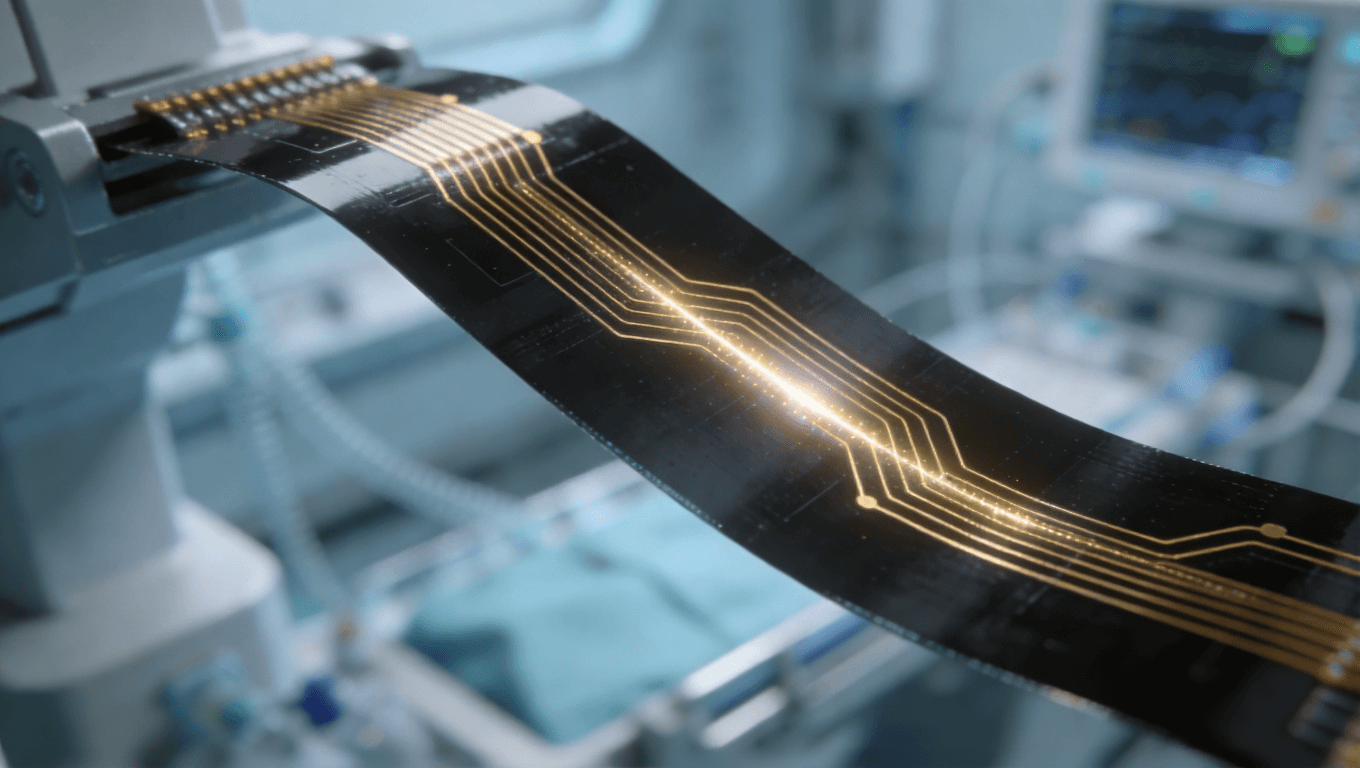 超聲探頭微型化柔性板特寫，展示高精度布線與微型化結(jié)構(gòu)，凸顯信號傳輸穩(wěn)定性