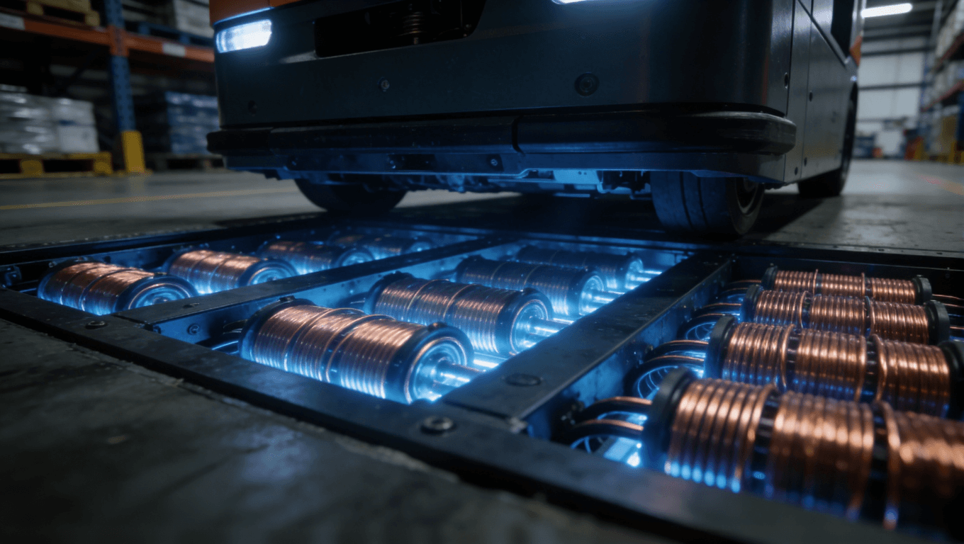 工業(yè)AGV大功率無線充電站及內(nèi)部多線圈PCB工作場景