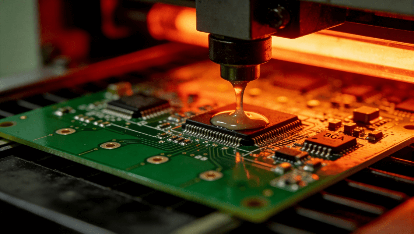 高頻電路板在回流焊爐中進(jìn)行精密焊接過程特寫，展現(xiàn)溫度控制與焊點形成瞬間